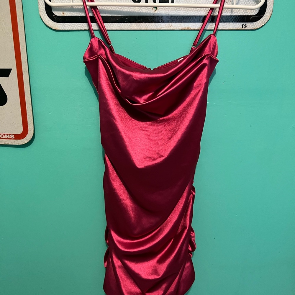 Zoe High-Cowl Ruched Dress in Satin Fuchsia